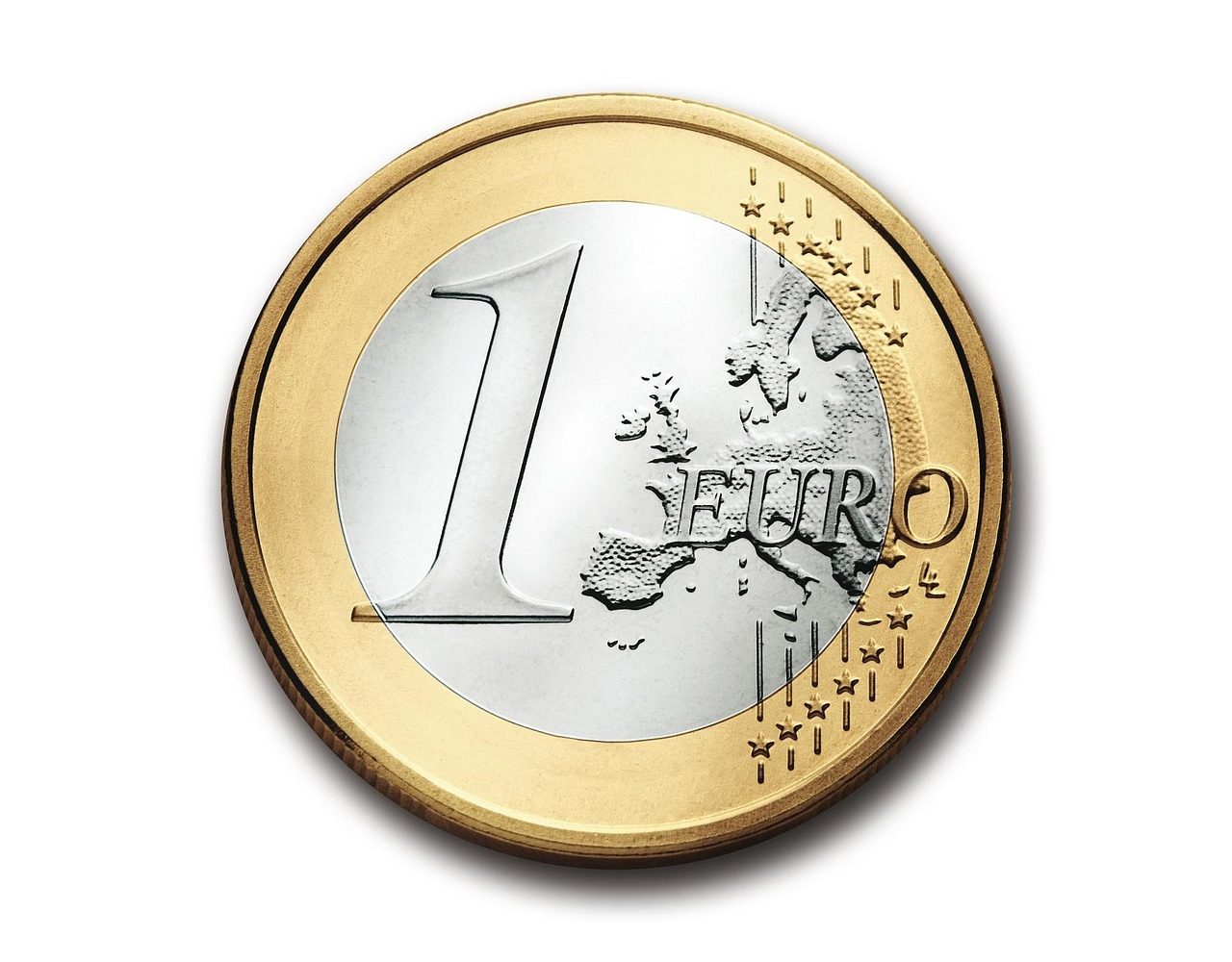 Pièce de 1 euro vue de face en gros plan sur fond blanc