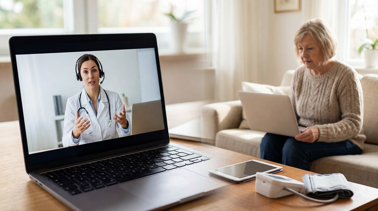 Personne en consultation video avec un medecin depuis son salon