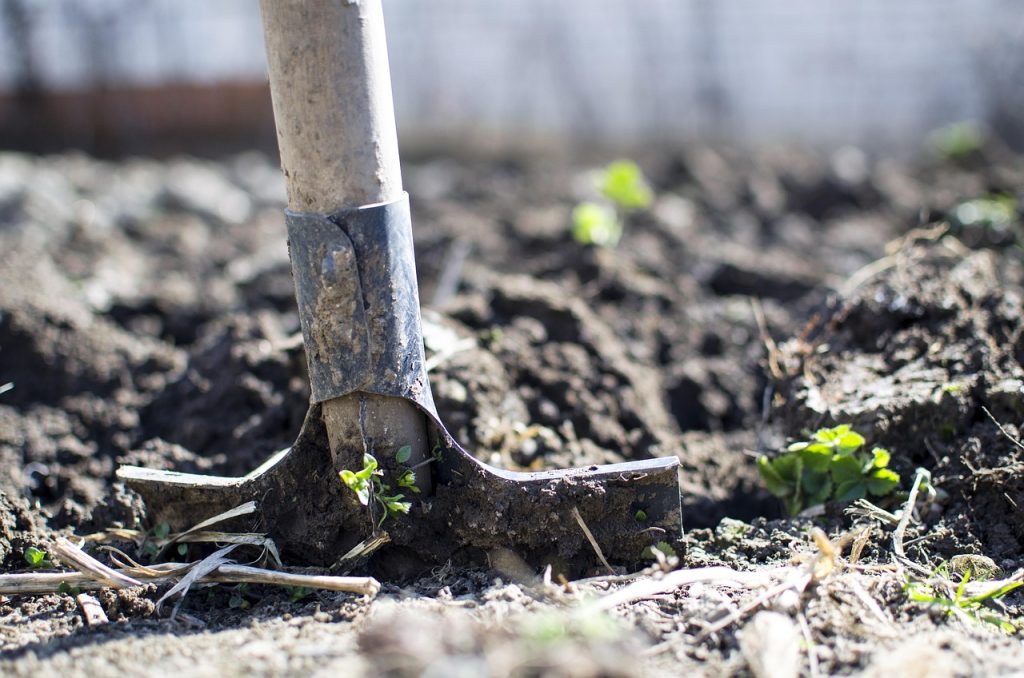 Bêche plantée dans la terre d'un jardin