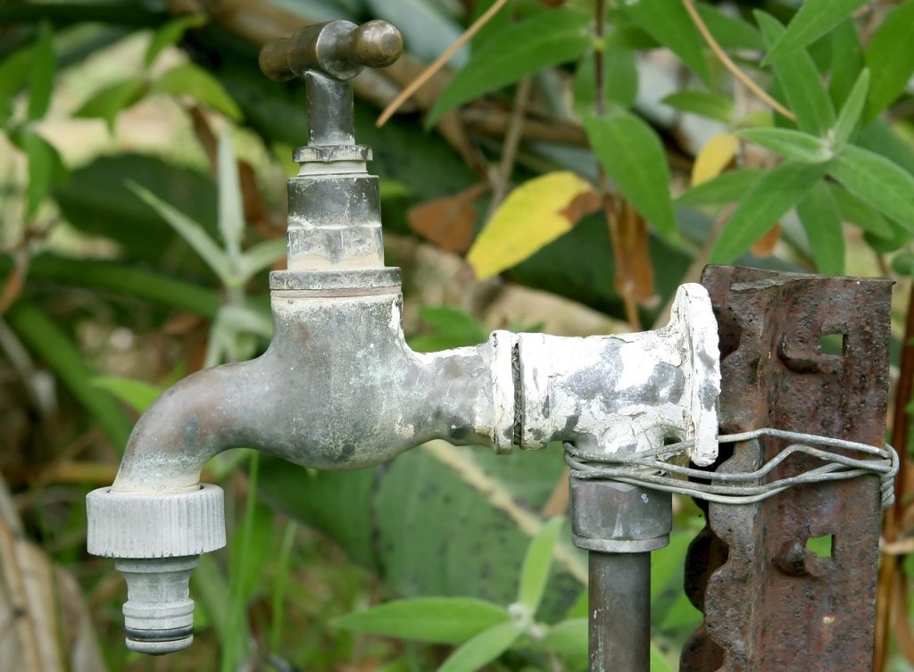 Robinet extérieur de jardin entouré de feuillage